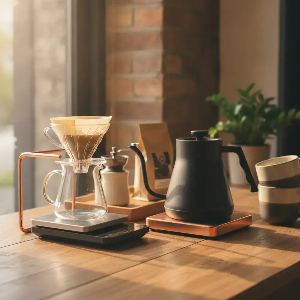 Coffee scales, kettles, and filters