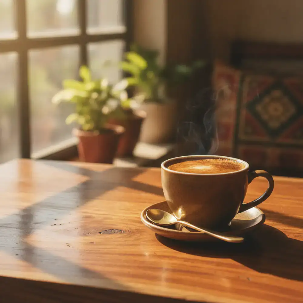 A perfectly brewed cup of specialty coffee resting on a warm wooden table next to a brass spoon in Dhanmondi