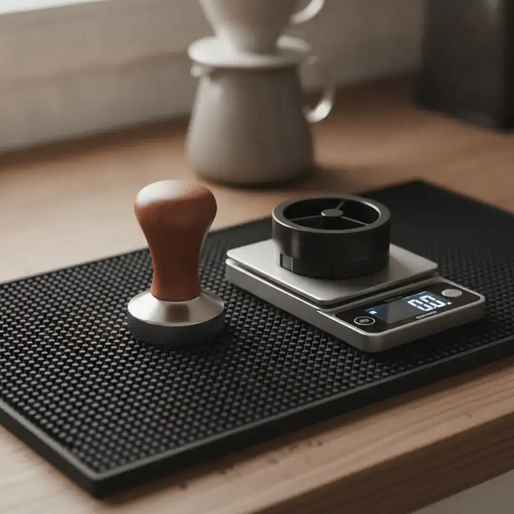 Professional grade coffee tamper, leveling tool, and digital brewing scale on a rubber tamping mat