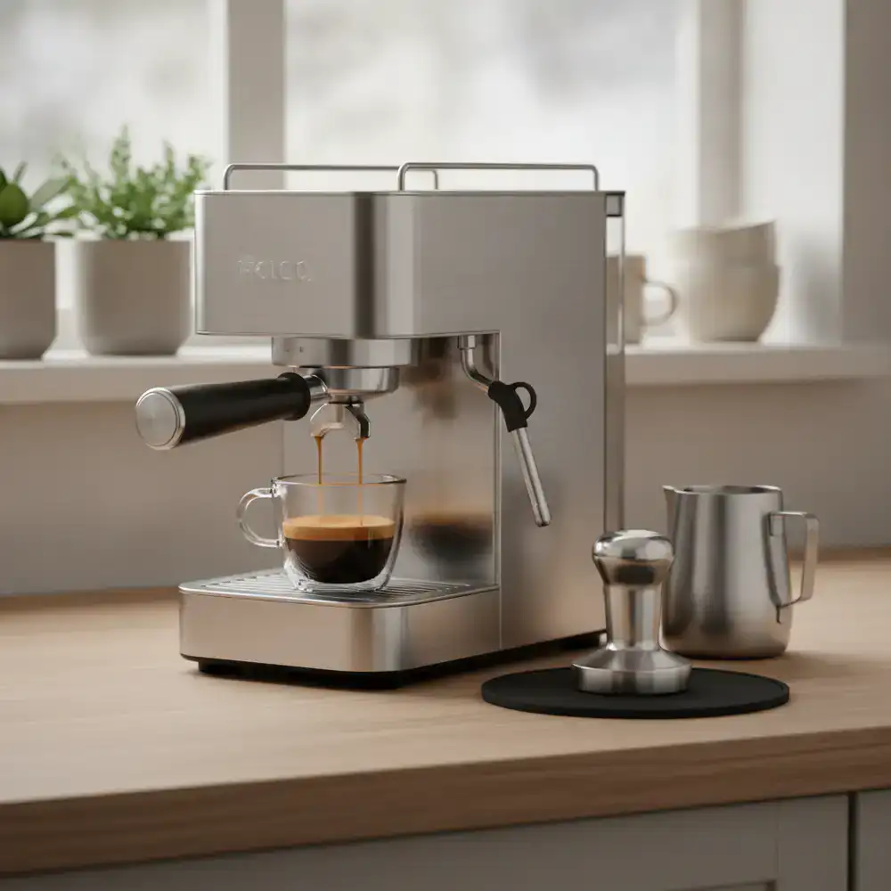 Compact home espresso machine with a stainless steel portafilter and heavy tamper