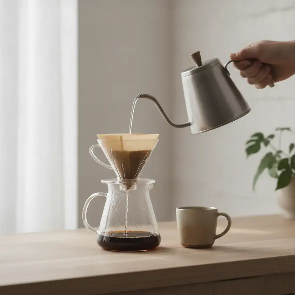 Minimalist pour over coffee maker set with a glass carafe and unbleached paper filter