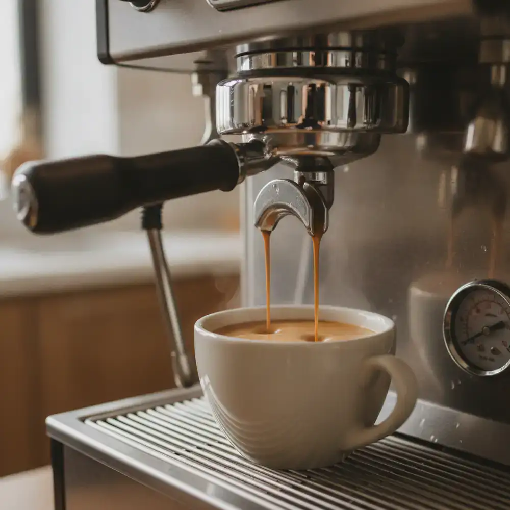 Close up of a premium espresso machine extracting coffee