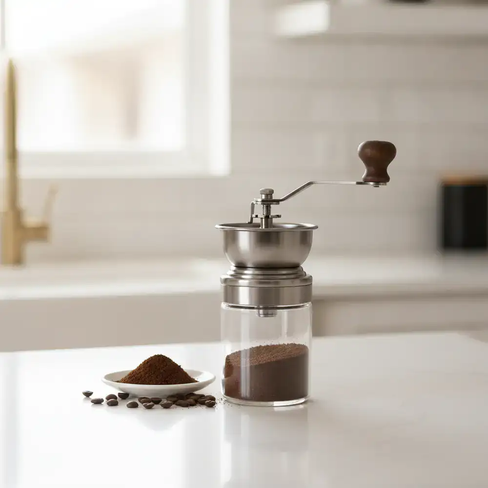 Premium manual burr coffee grinder displayed on a pristine white kitchen counter