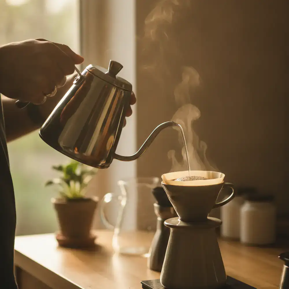 A home barista carefully pouring hot water over fresh coffee grounds using a premium gooseneck kettle in Dhaka