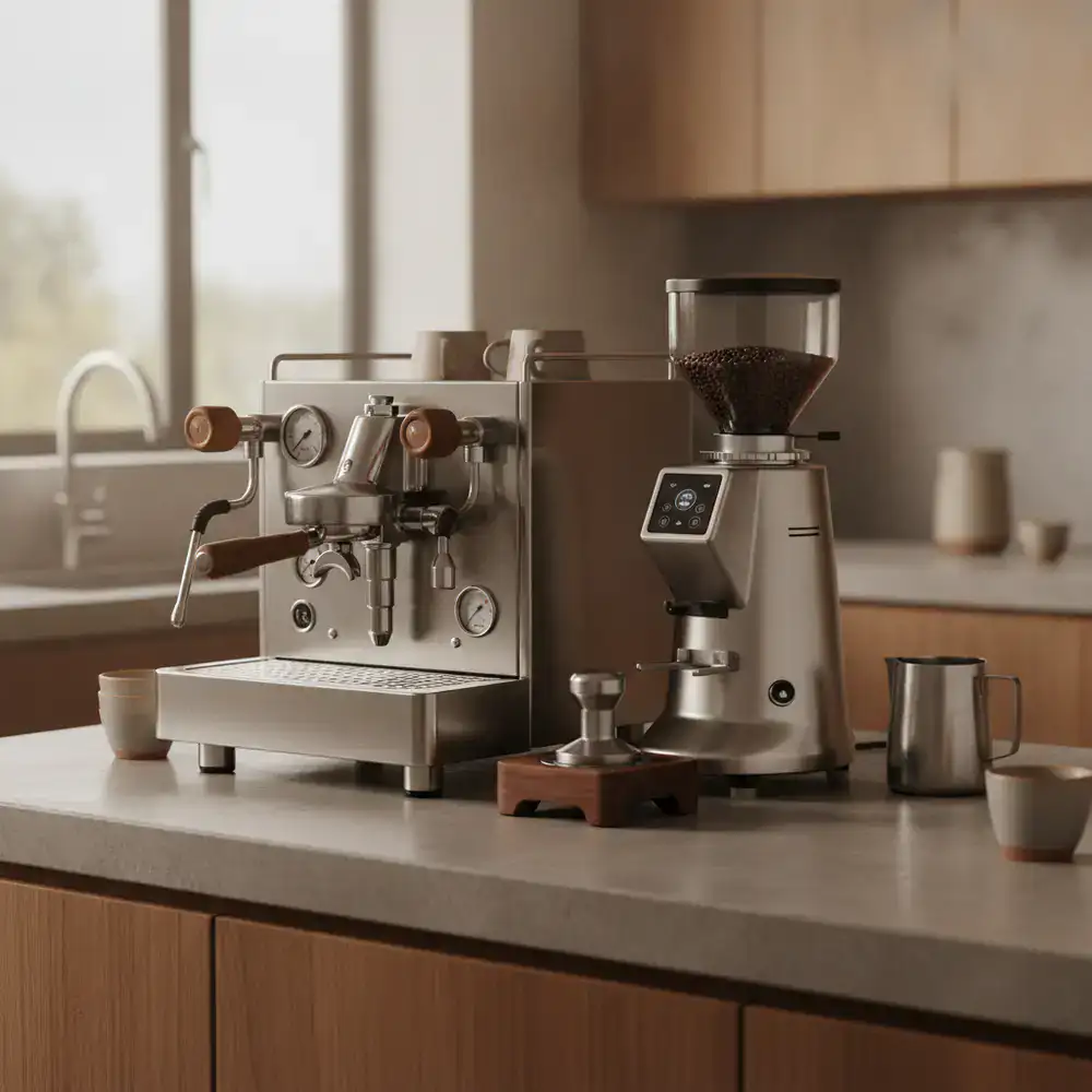 High-end espresso machine and precision grinder setup on a modern kitchen counter