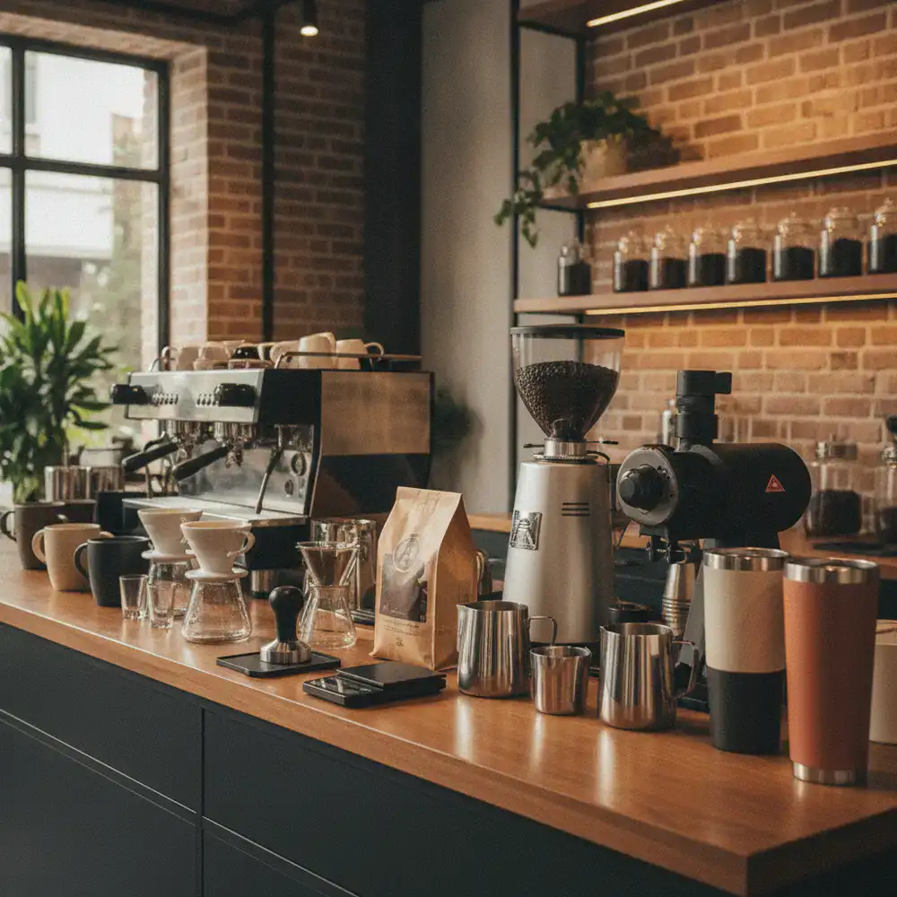 Barista tools and premium coffee equipment displayed at our Dhanmondi store