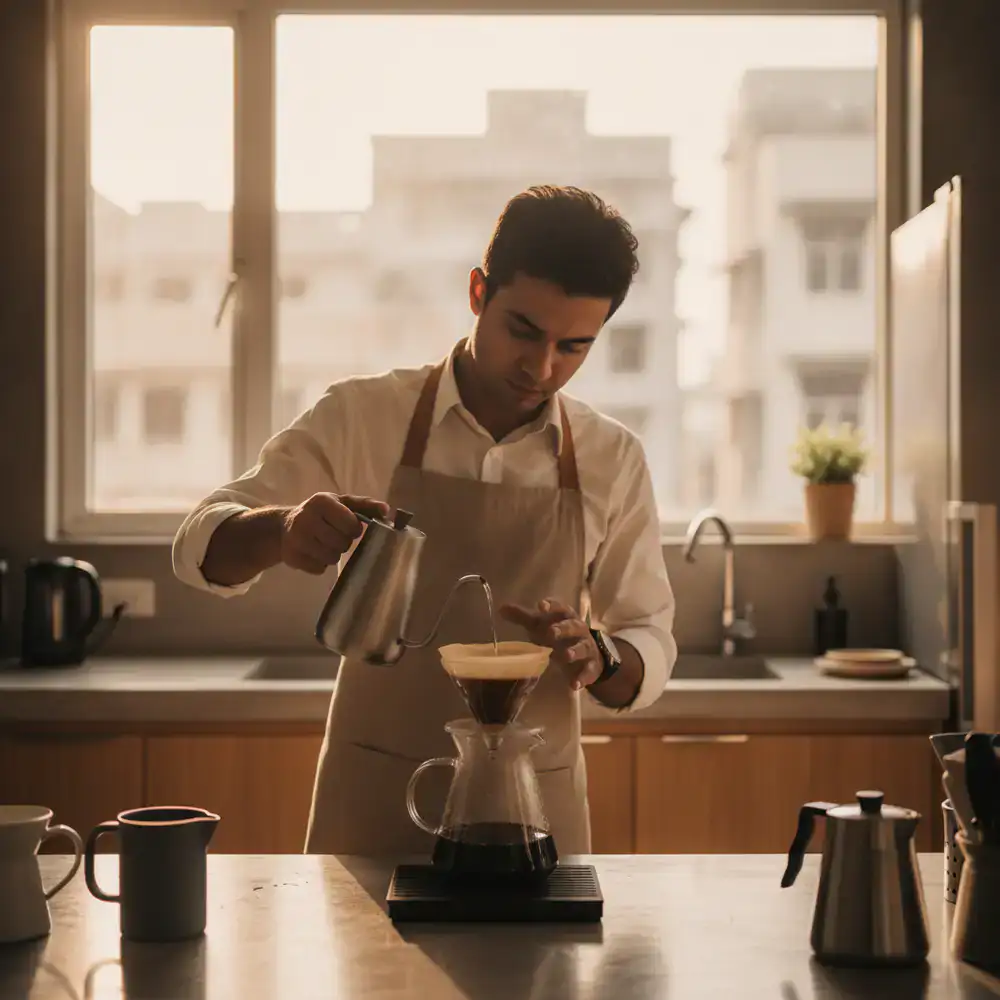 Barista meticulously preparing a precision pour-over coffee in a modern Dhaka kitchen setting