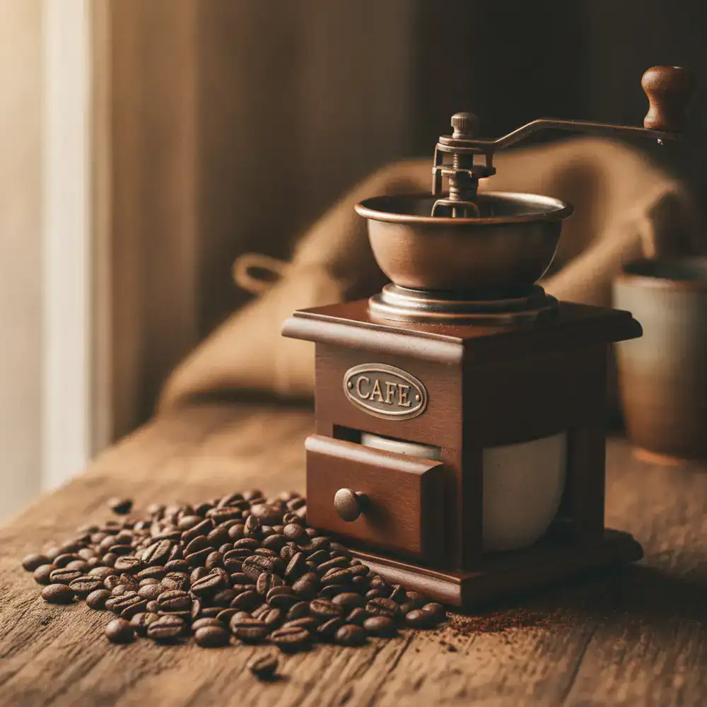Premium roasted coffee beans resting near an artisanal hand grinder